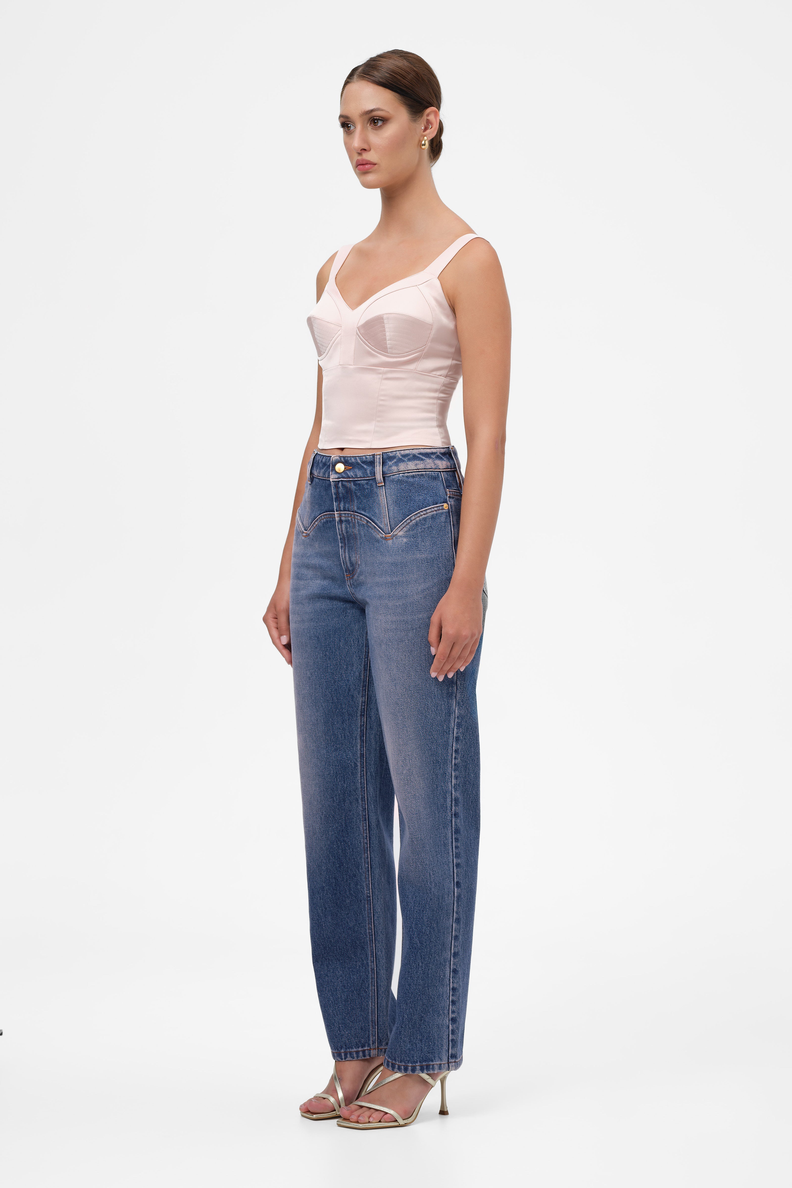 Corset roz pudrat din satin cu cupe Sculpt