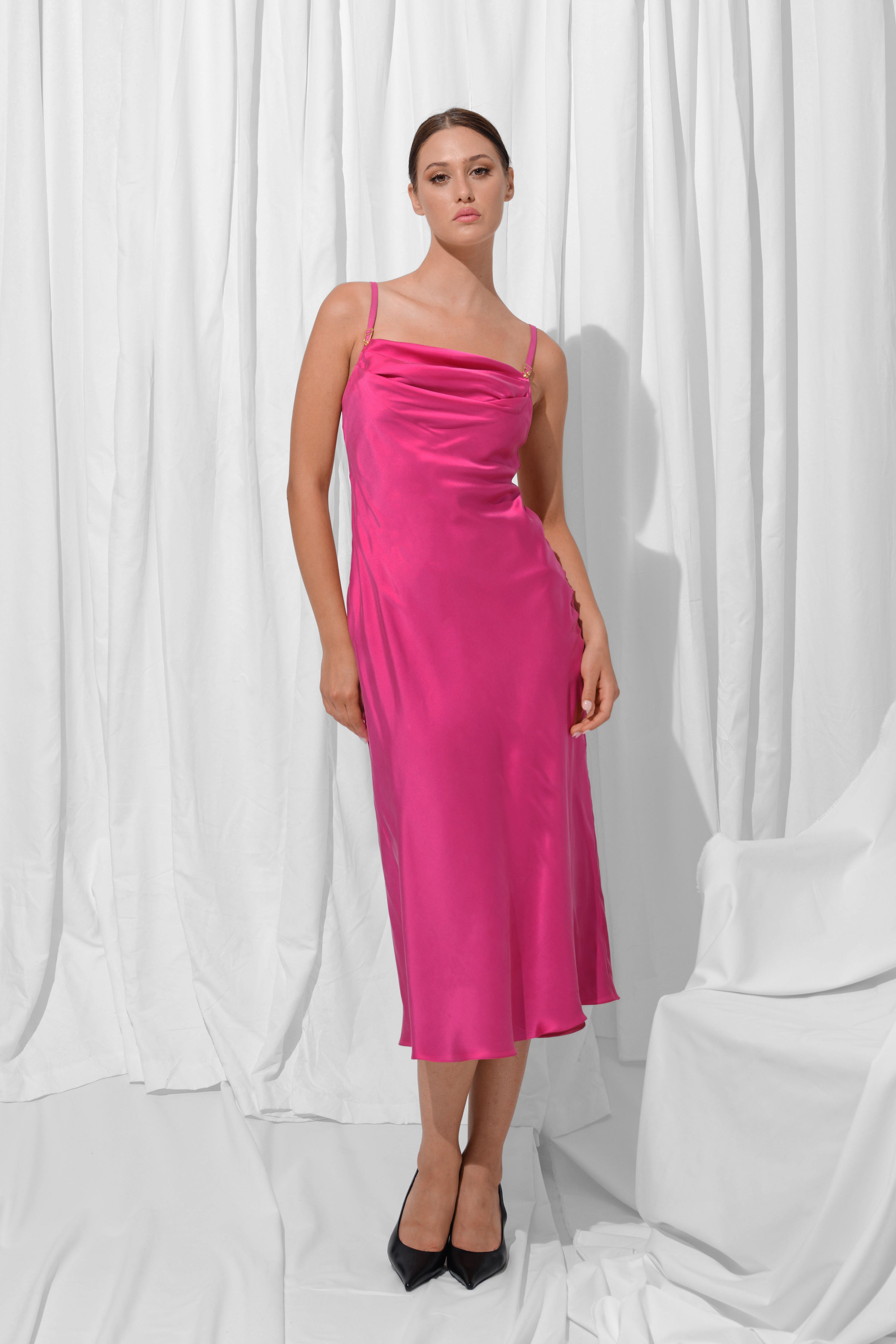 Rochie roz intens midi din matase naturala Slip