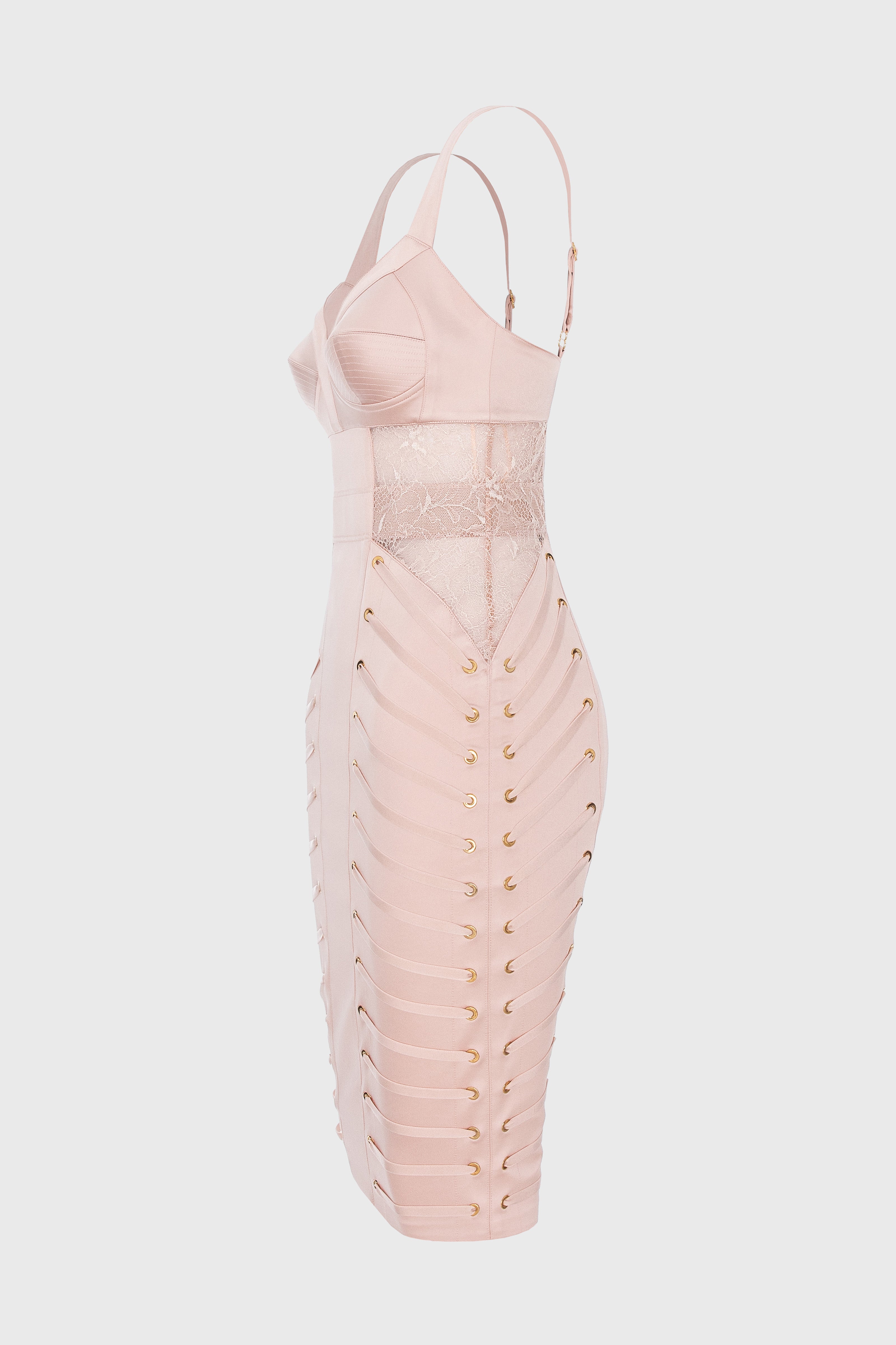 Rochie roz pudra midi din satin si dantela Zest