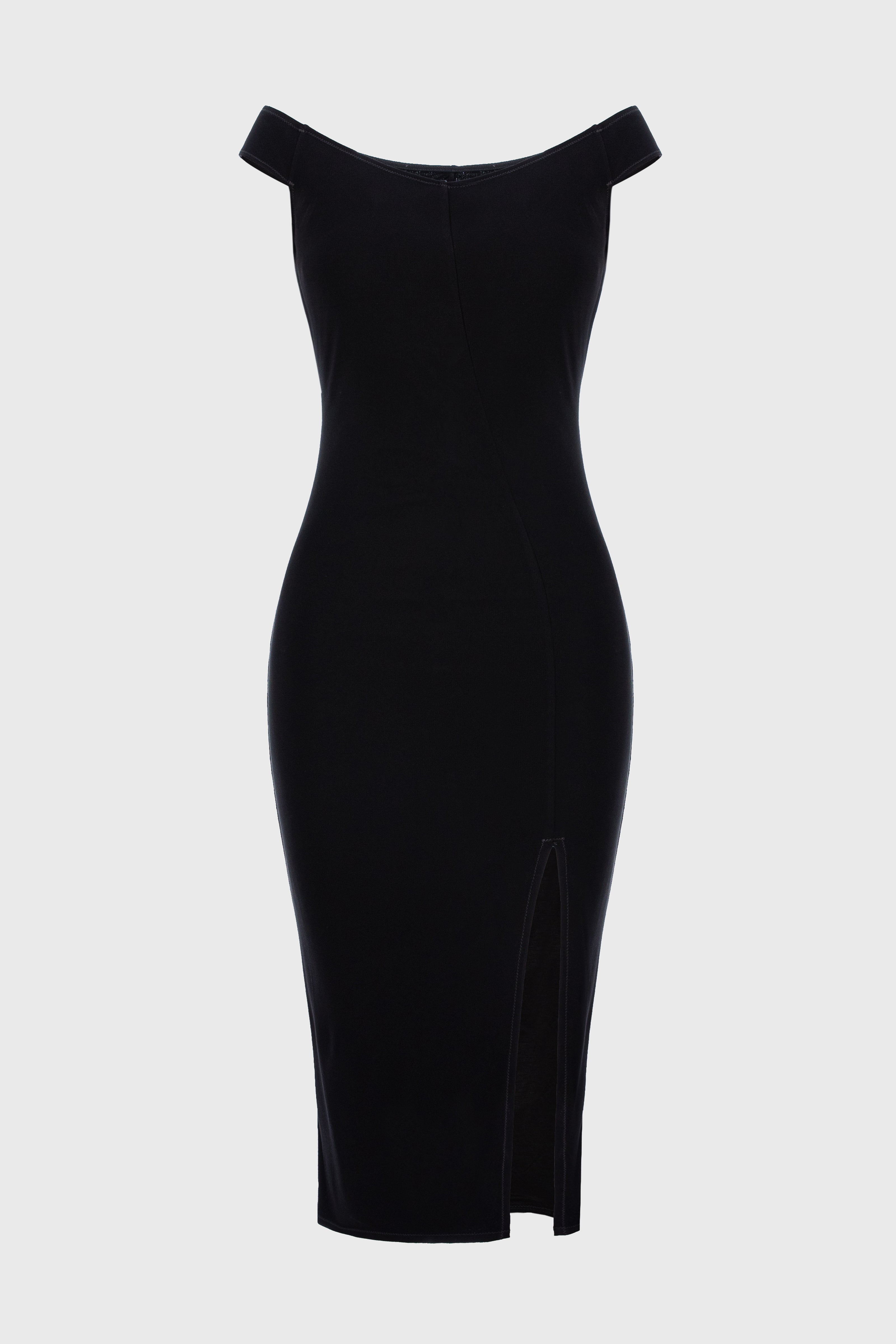 Rochie neagra midi din tricot texturat din vascoza Explicit