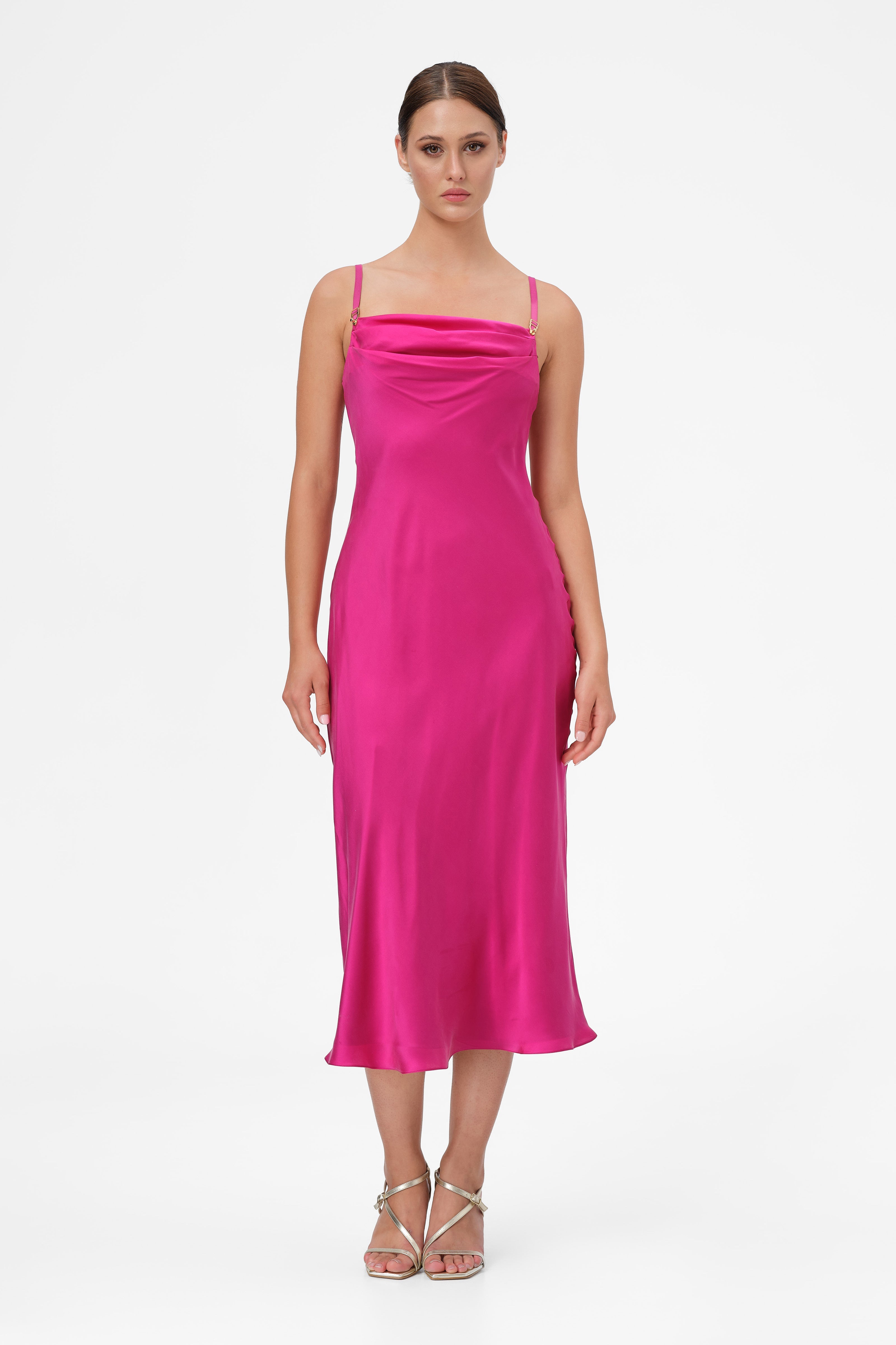 Rochie roz intens midi din matase naturala Slip