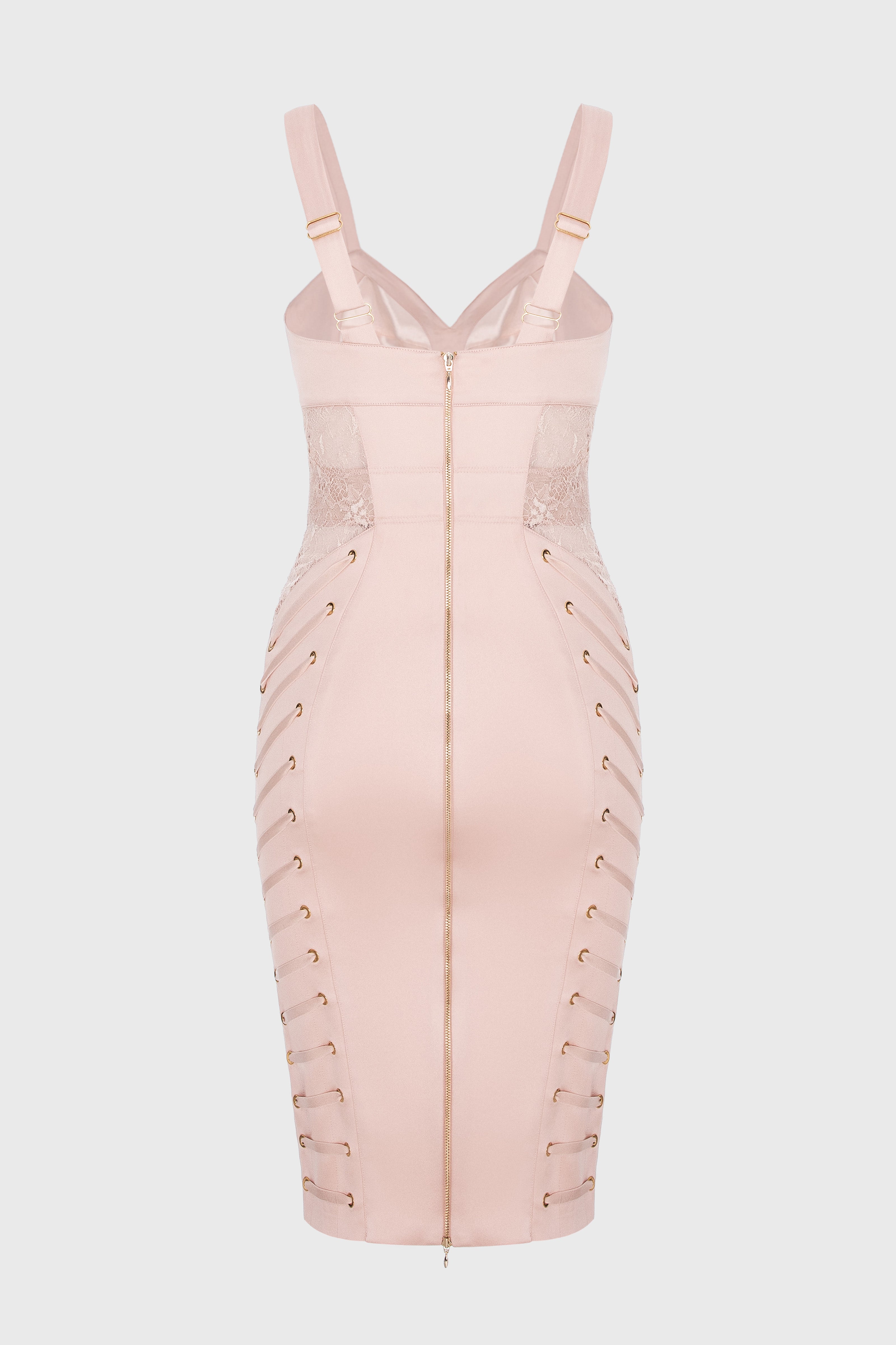 Rochie roz pudra midi din satin si dantela Zest